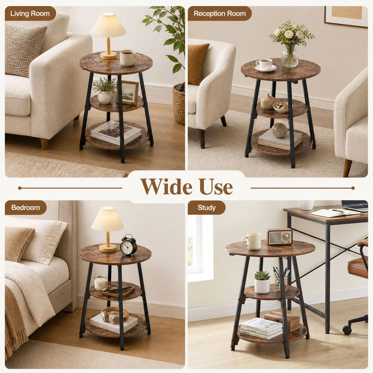 Industrial Side Tables Set of 2, 3-Tier Shelves