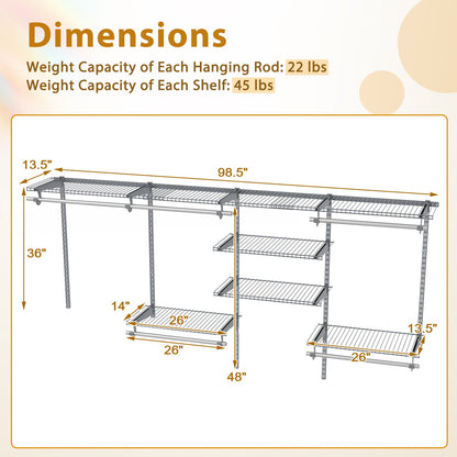 Wall Mounted Closet Organizer, Adjustable 4-8 ft