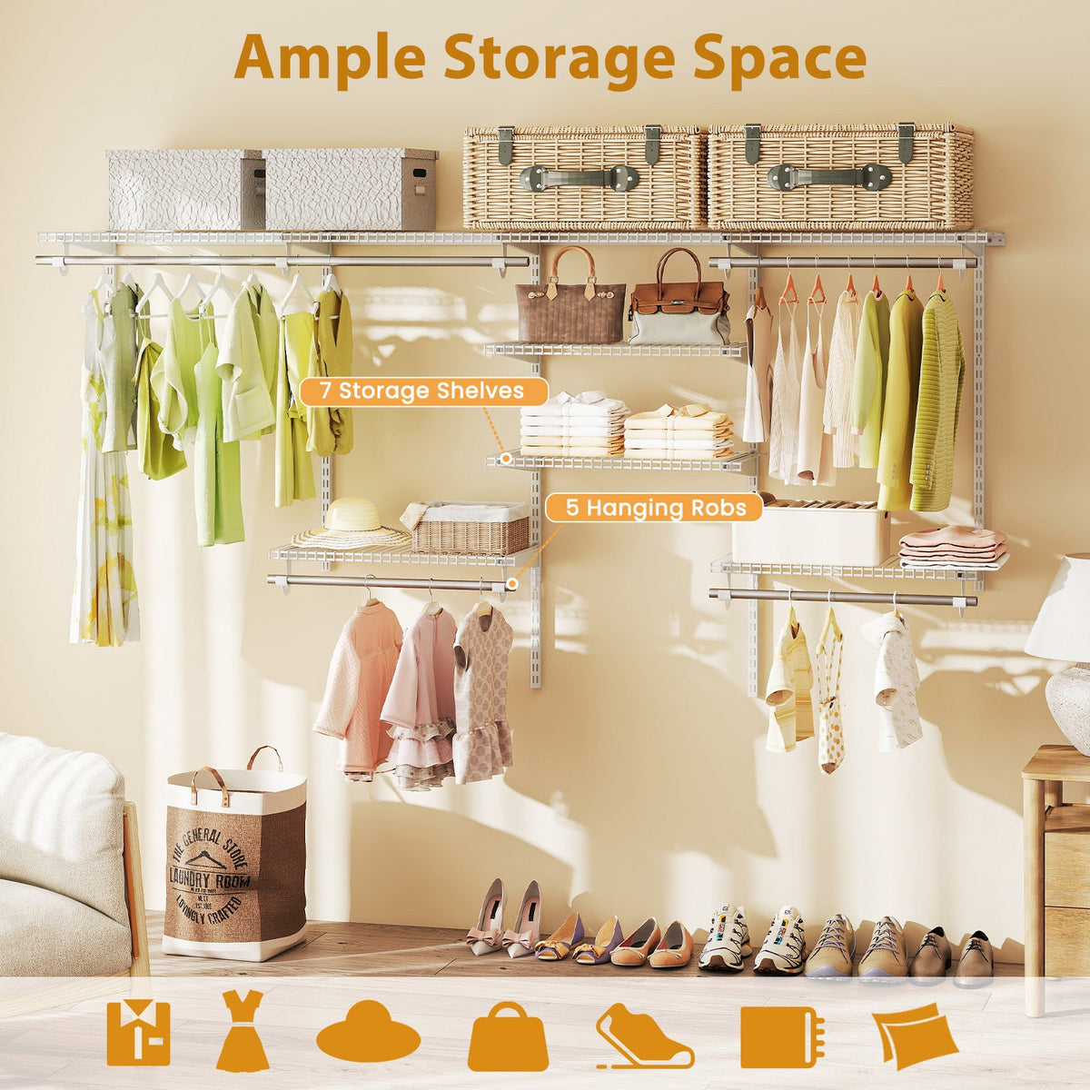 Wall Mounted Closet Organizer, Adjustable 4-8 ft