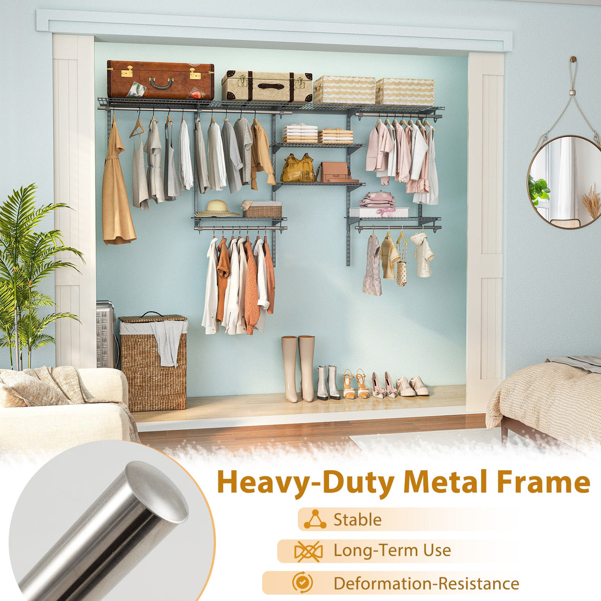 Wall Mounted Closet Organizer, Adjustable 4-8 ft