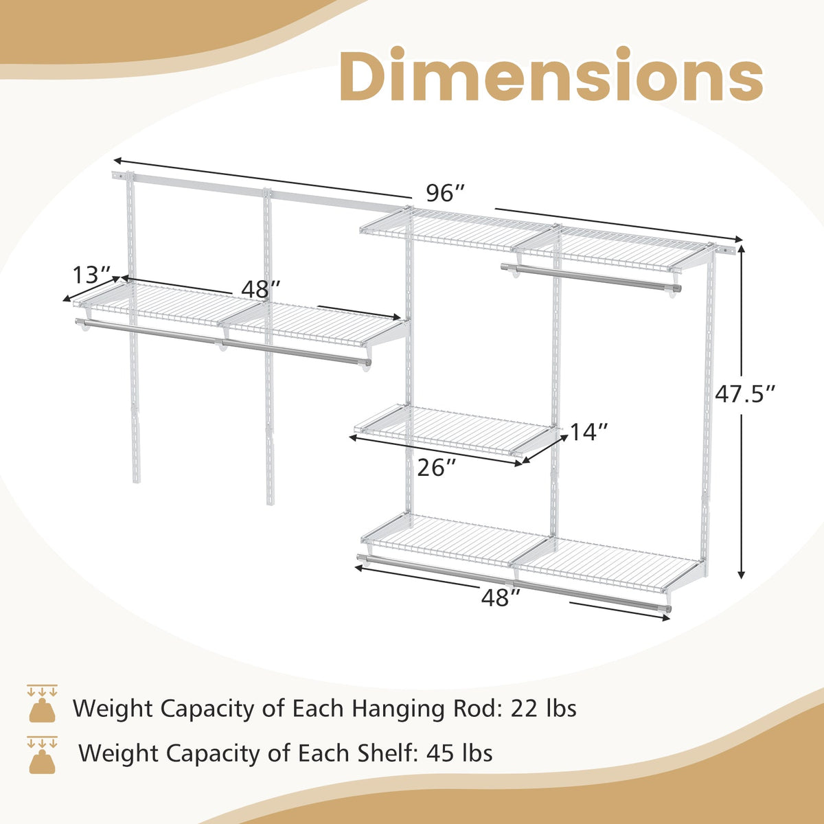 Wall Mounted Closet System, Adjustable 4-8 FT