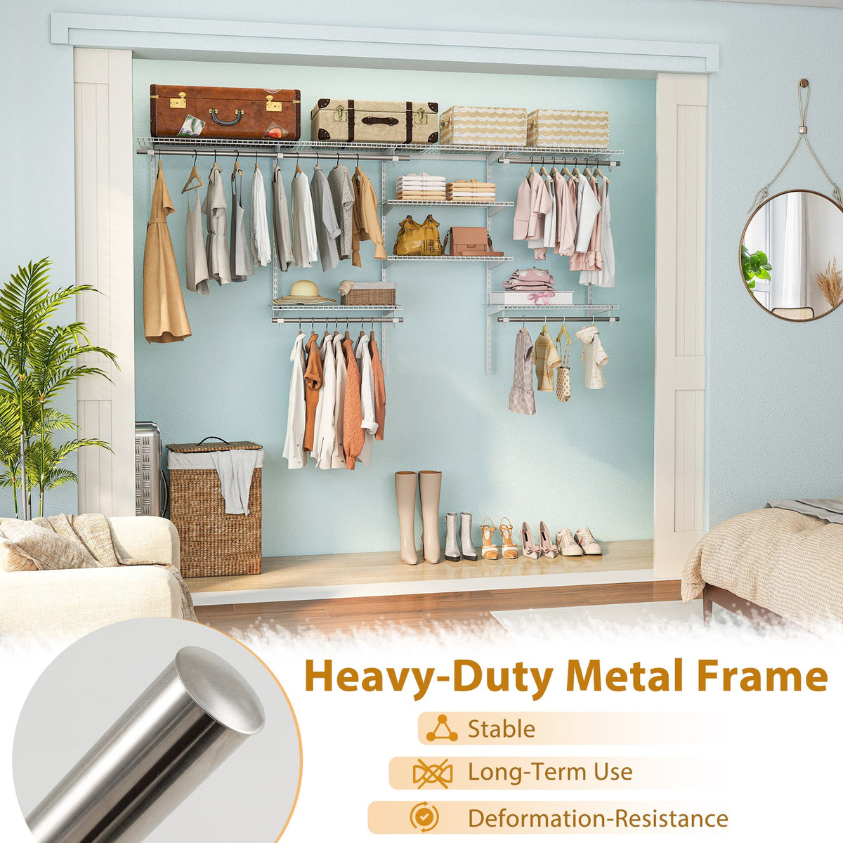 Wall Mounted Closet Organizer, Adjustable 4-8 ft