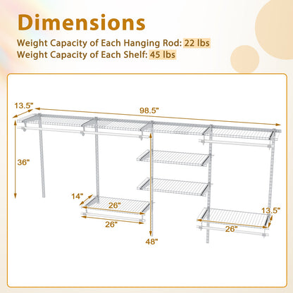 Wall Mounted Closet Organizer, Adjustable 4-8 ft