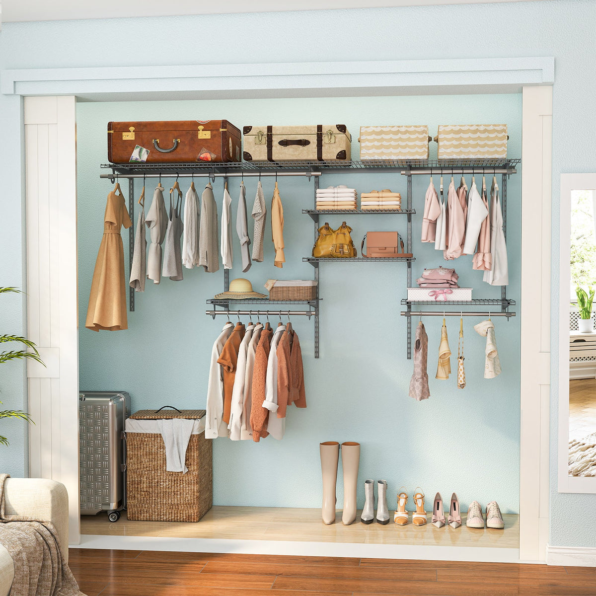 Wall Mounted Closet Organizer, Adjustable 4-8 ft