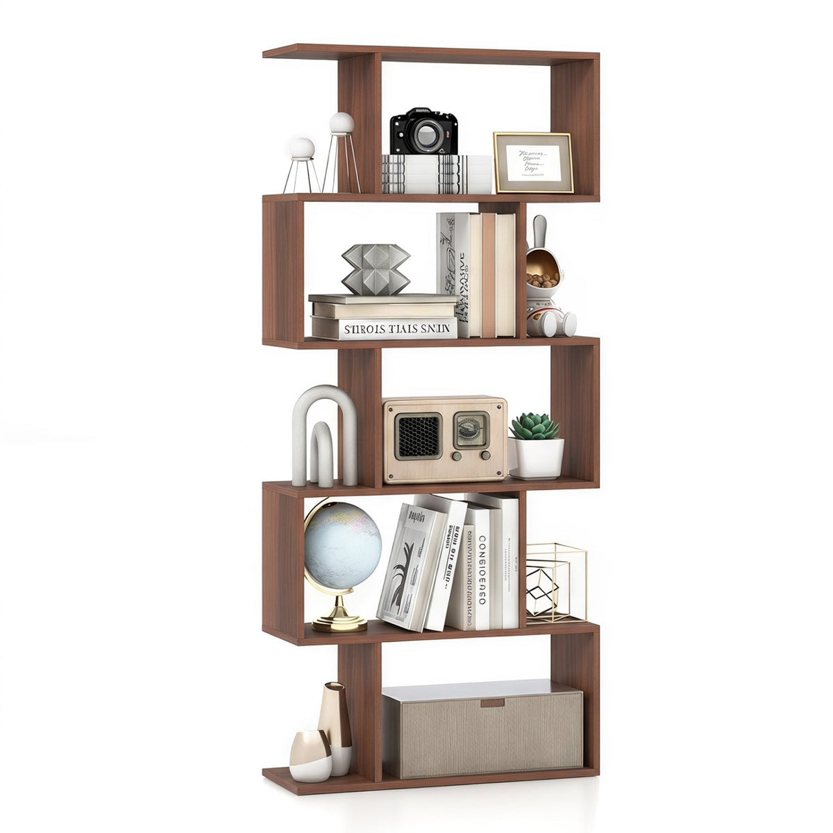 S-Shaped Bookshelf, 5-Tier Walnut Display Shelf