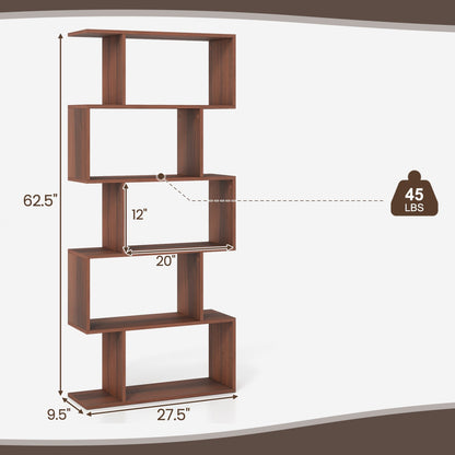S-Shaped Bookshelf, 5-Tier Walnut Display Shelf