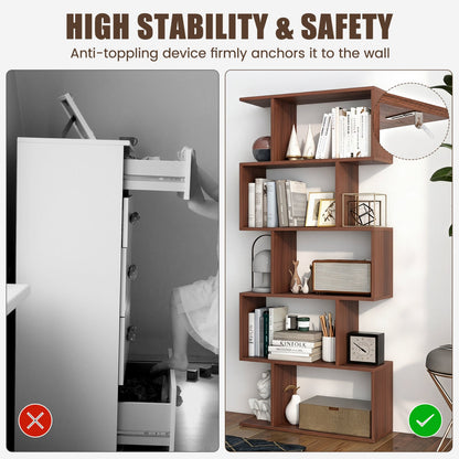 S-Shaped Bookshelf, 5-Tier Walnut Display Shelf