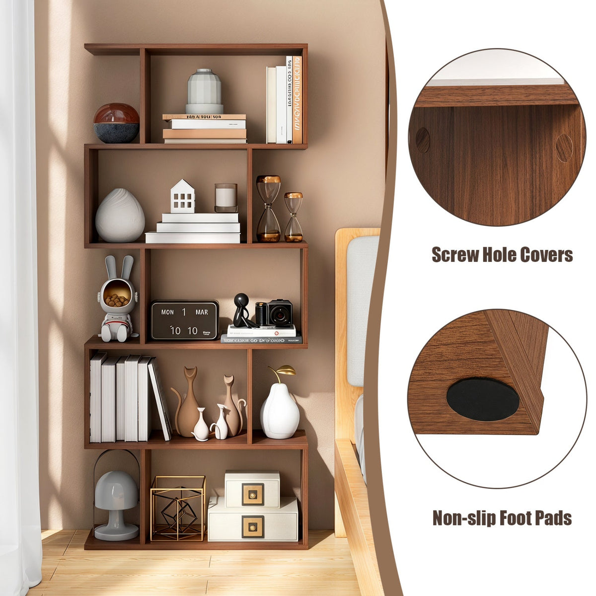 S-Shaped Bookshelf, 5-Tier Walnut Display Shelf