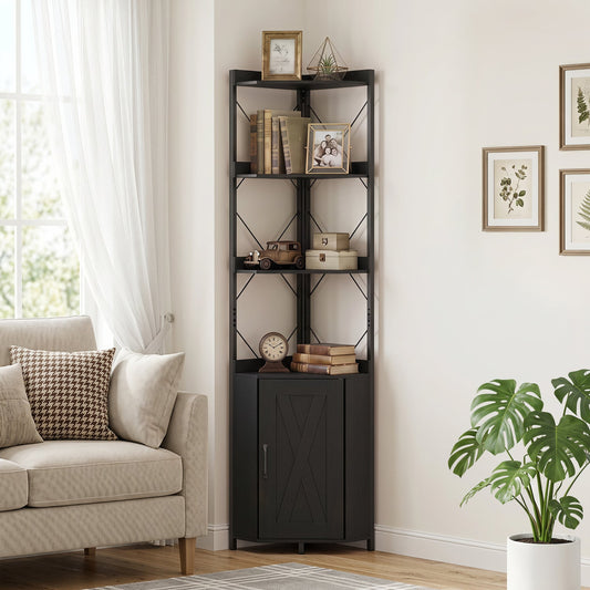 6-Tier Corner Bookshelf with Cabinet, 71-Inch Tall