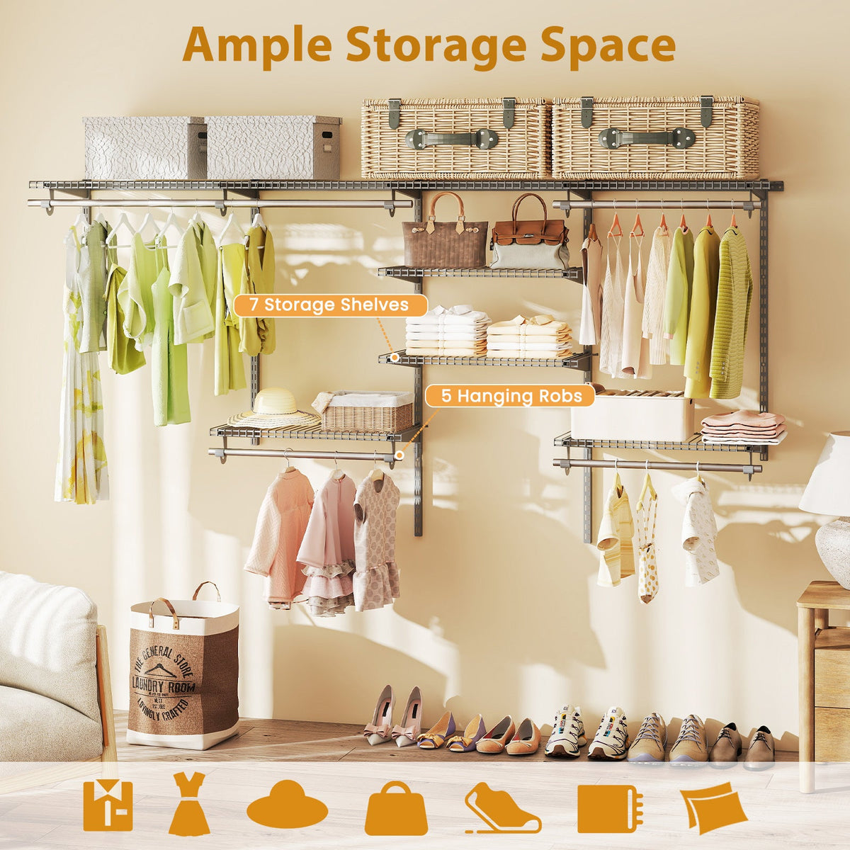 Wall Mounted Closet Organizer, Adjustable 4-8 ft