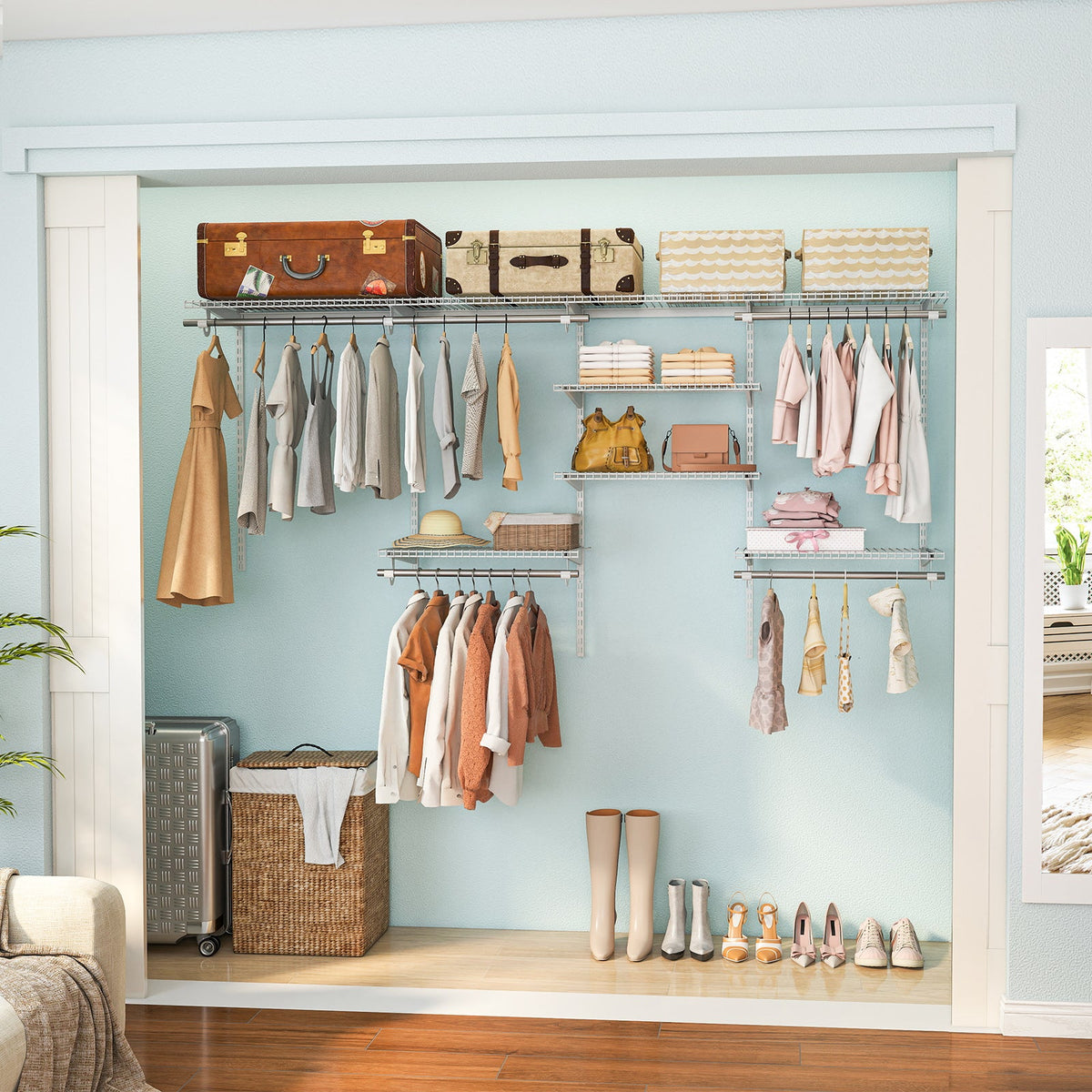 Wall Mounted Closet Organizer, Adjustable 4-8 ft