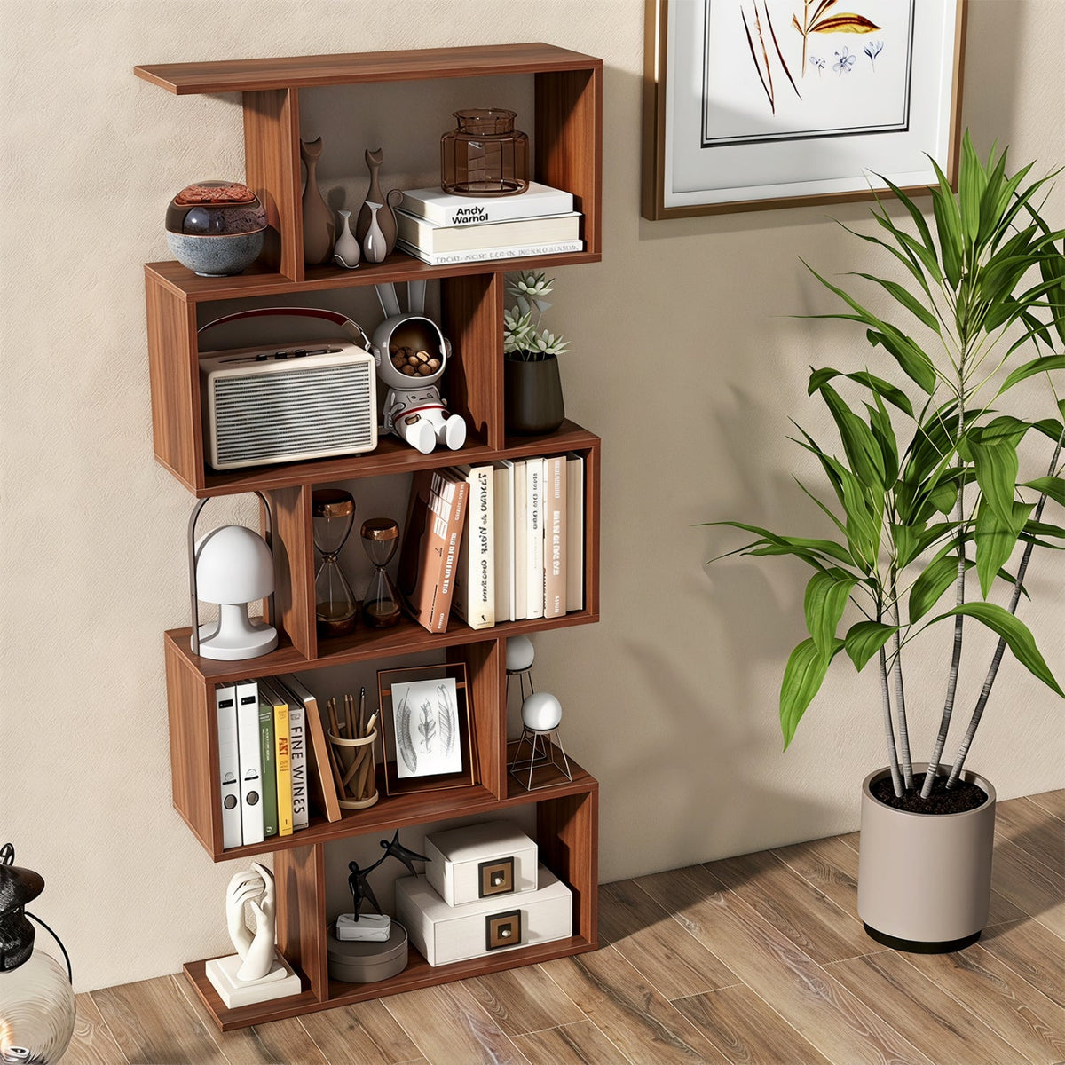 S-Shaped Bookshelf, 5-Tier Walnut Display Shelf