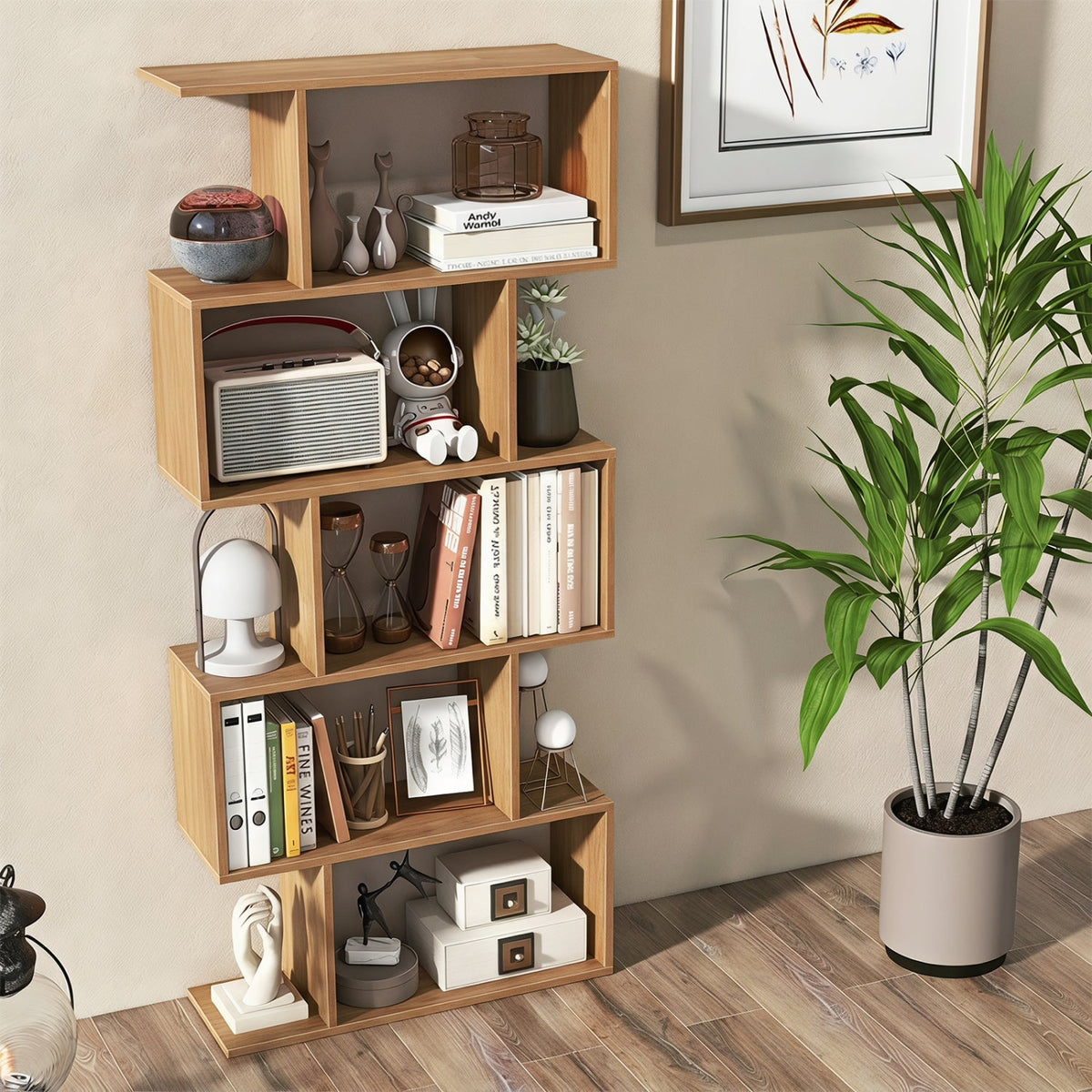 S-Shaped Bookshelf, 5-Tier Walnut Display Shelf