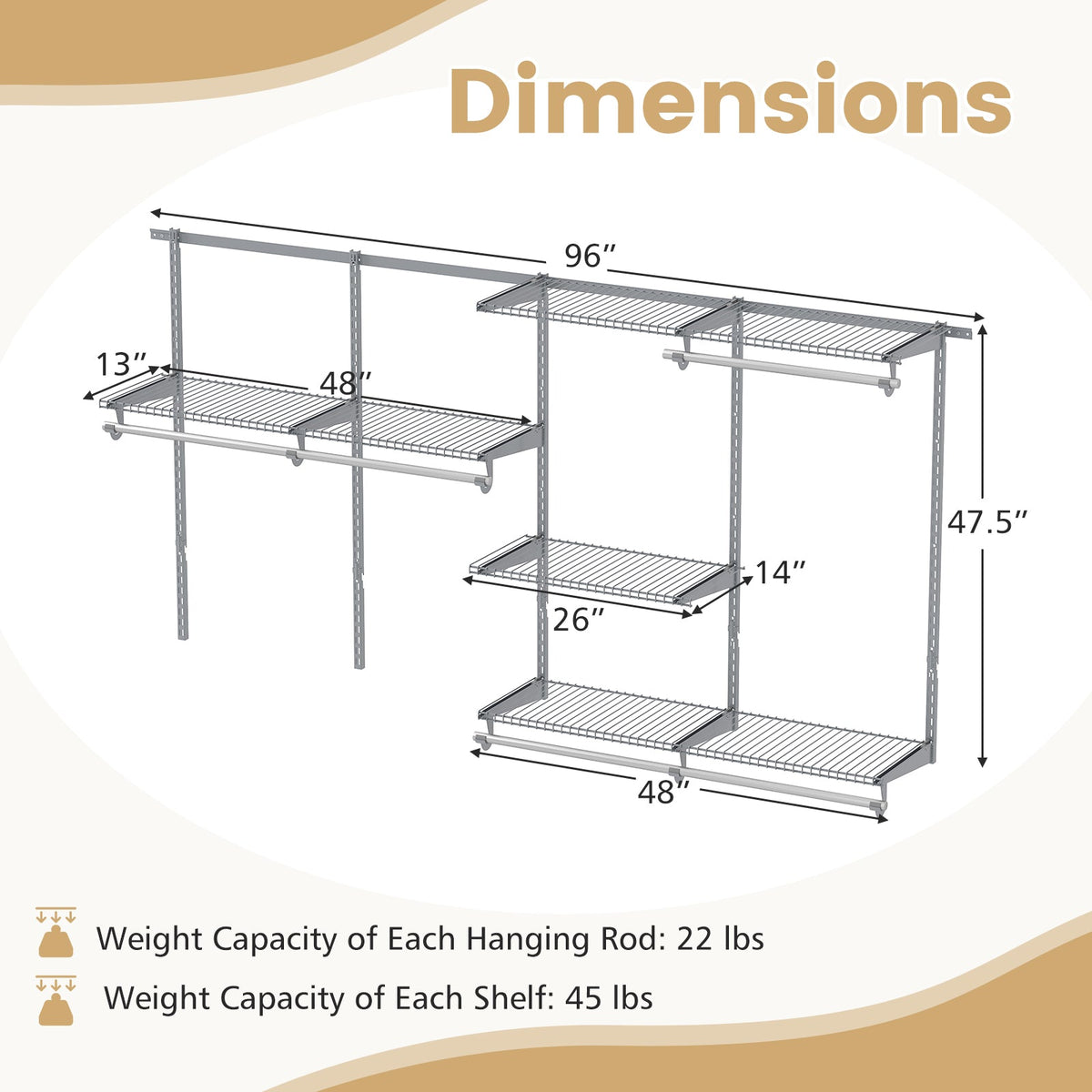Wall Mounted Closet System, Adjustable 4-8 FT