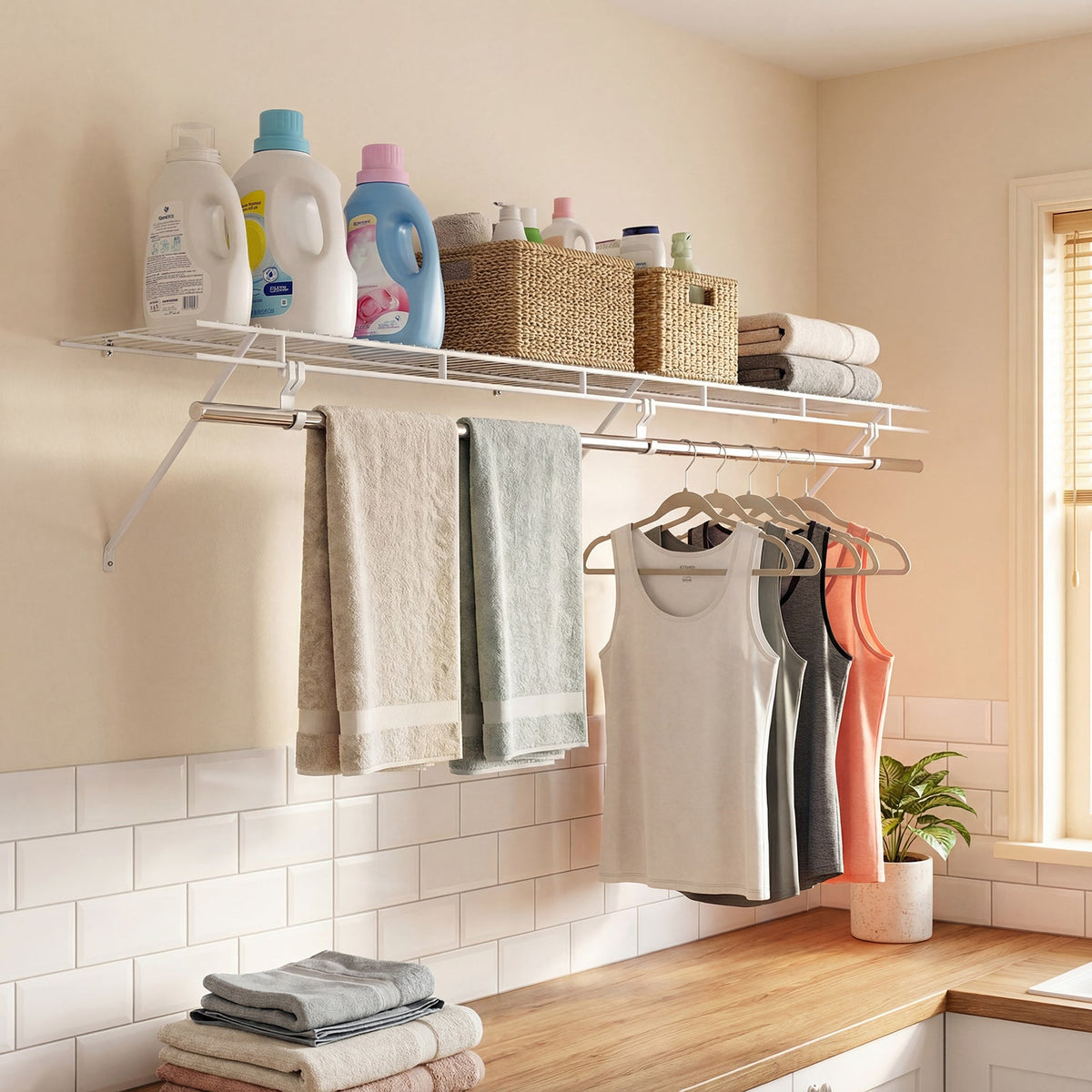 Wall Mounted Laundry Room Shelf with Hanging Rod