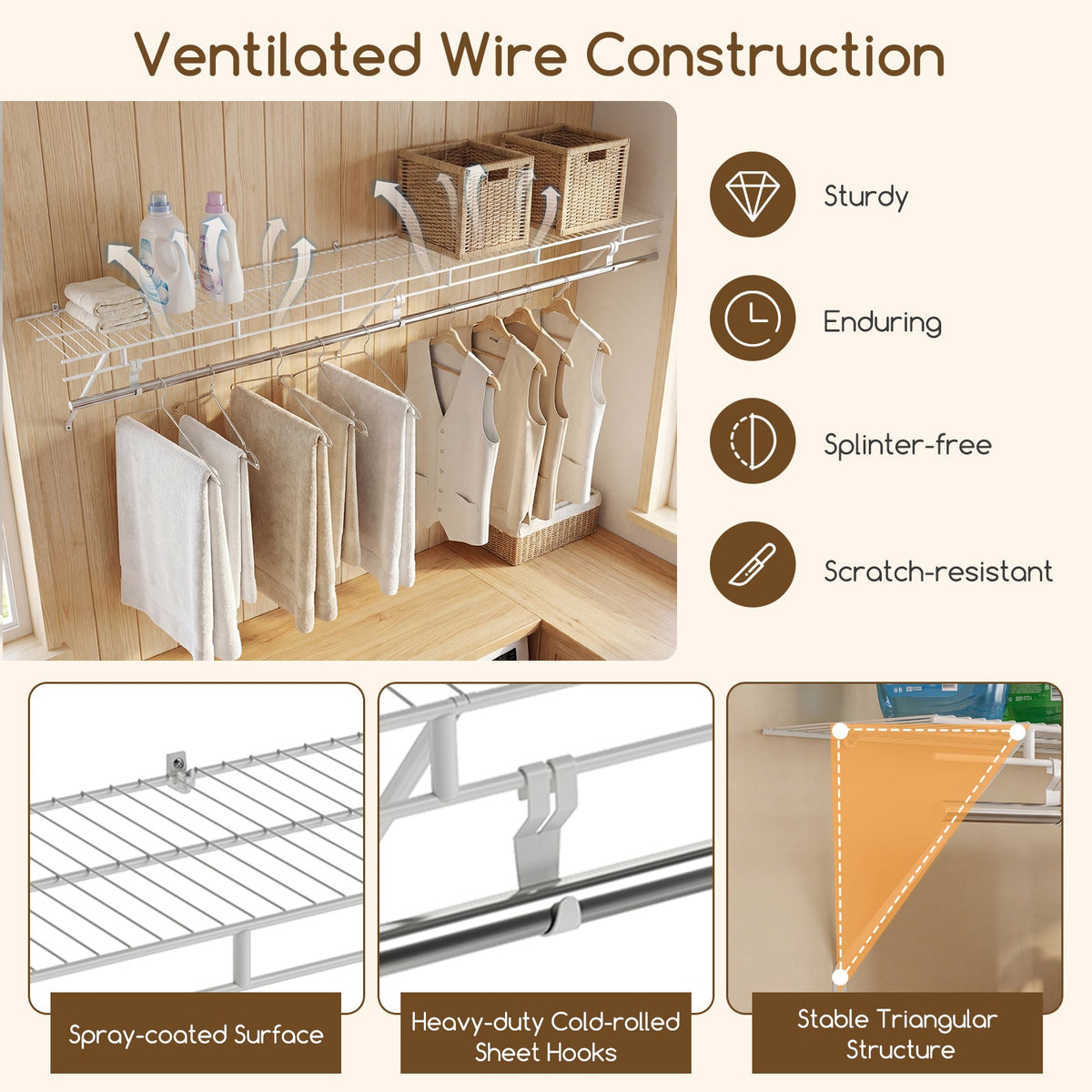 Wall Mounted Laundry Room Shelf with Hanging Rod