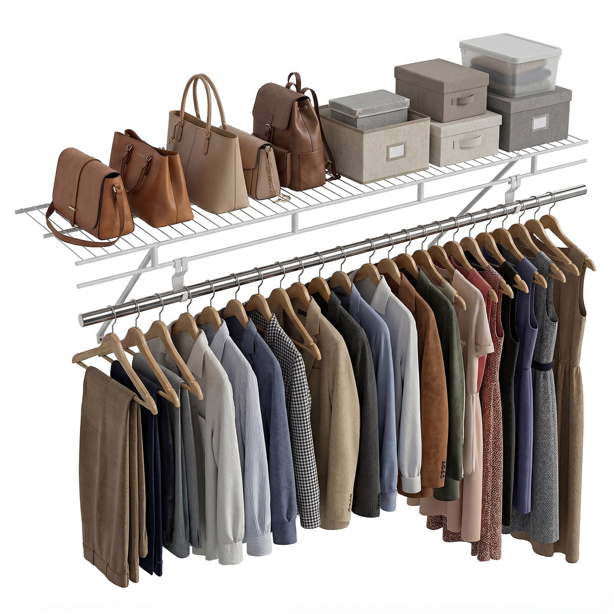 Stylish wall mounted closet shelves with hanging rod, organized clothing and accessories in a serene bedroom setting.