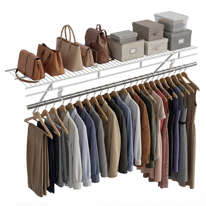 Stylish wall mounted closet shelves with hanging rod, organized clothing and accessories in a serene bedroom setting.