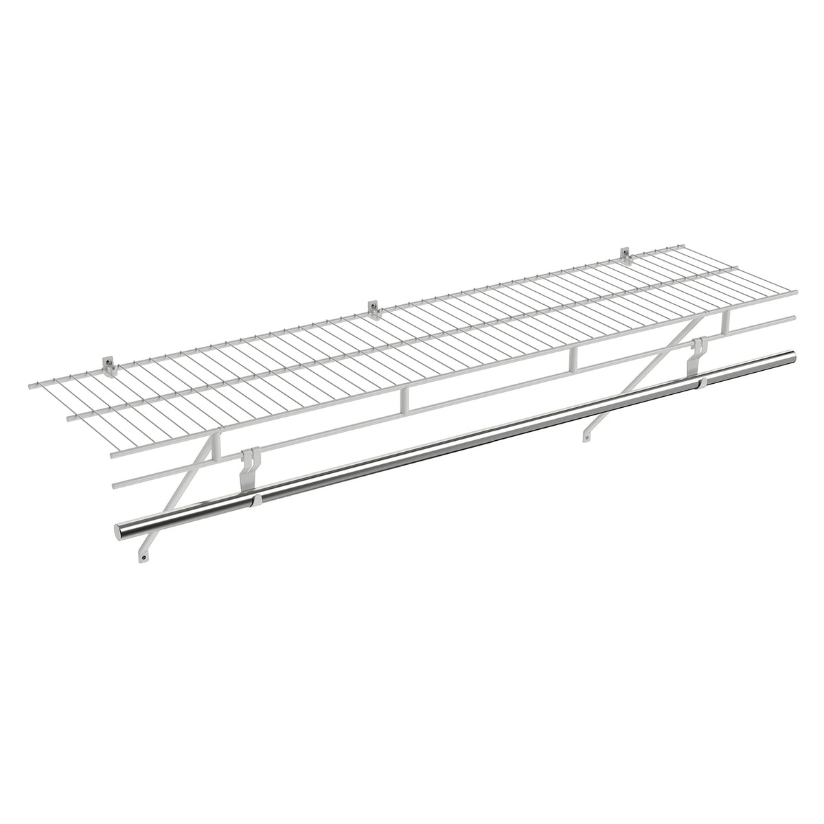 Stylish wall mounted closet shelves with hanging rod, organized clothing and accessories in a serene bedroom setting.