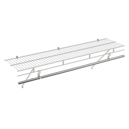 Stylish wall mounted closet shelves with hanging rod, organized clothing and accessories in a serene bedroom setting.