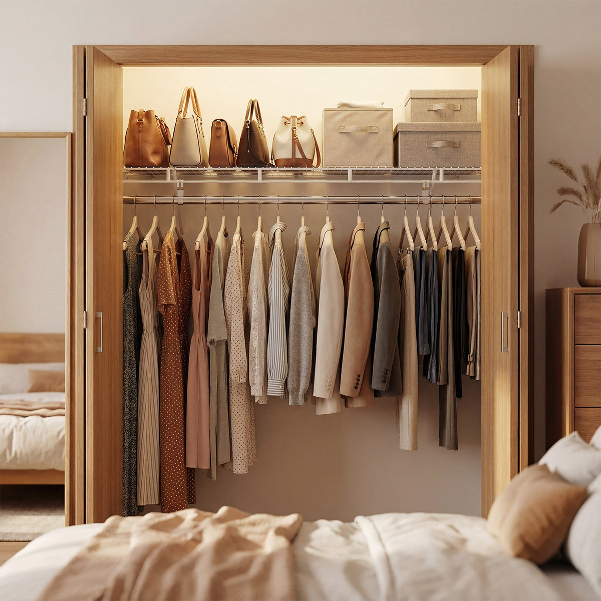 Stylish wall mounted closet shelves with hanging rod, organized clothing and accessories in a serene bedroom setting.