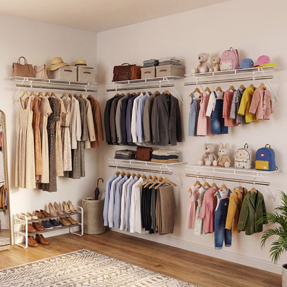 Stylish wall mounted closet shelves with hanging rod, organized clothing and accessories in a serene bedroom setting.