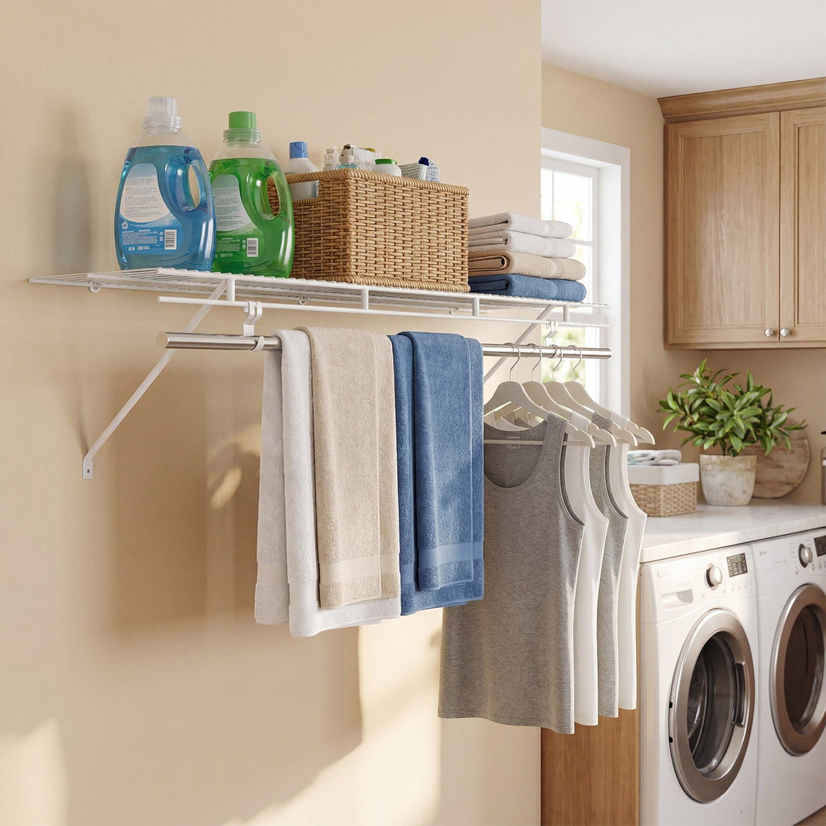 Stylish wall mounted closet shelves with hanging rod, organized clothing and accessories in a serene bedroom setting.