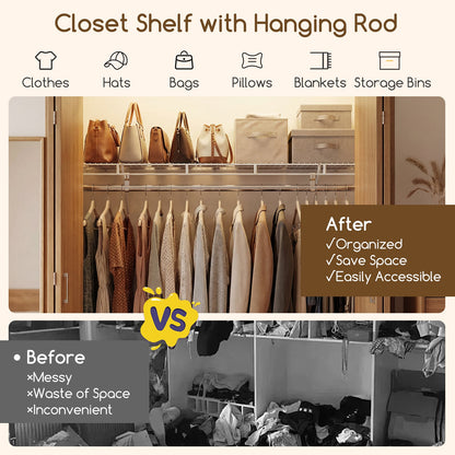 Stylish wall mounted closet shelves with hanging rod, organized clothing and accessories in a serene bedroom setting.