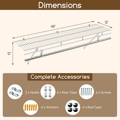 Stylish wall mounted closet shelves with hanging rod, organized clothing and accessories in a serene bedroom setting.