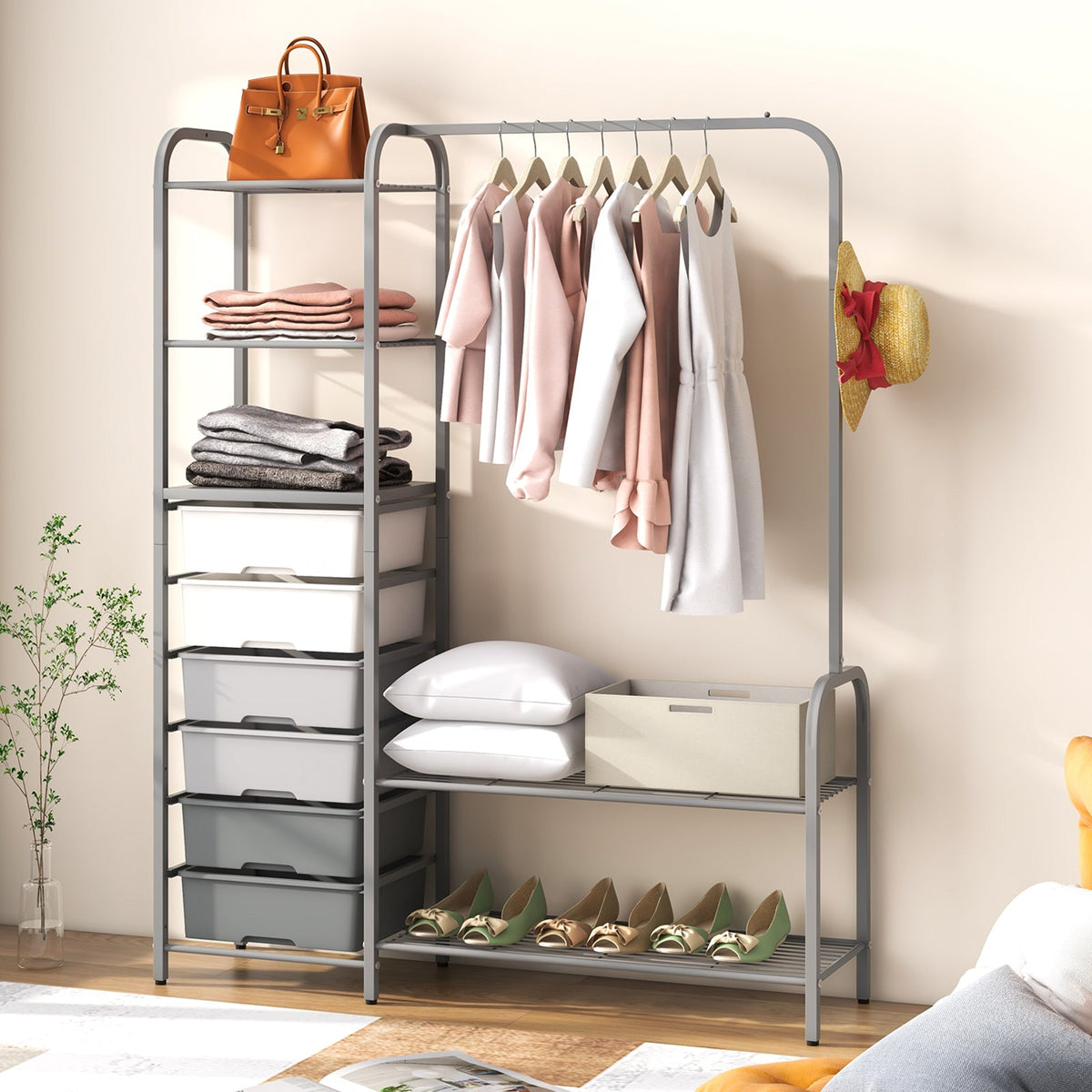 Freestanding Closet Organizer with Drawers, Gray