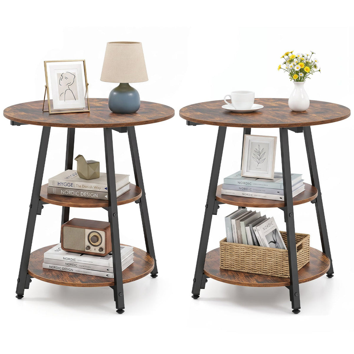 Industrial Side Tables Set of 2, 3-Tier Shelves