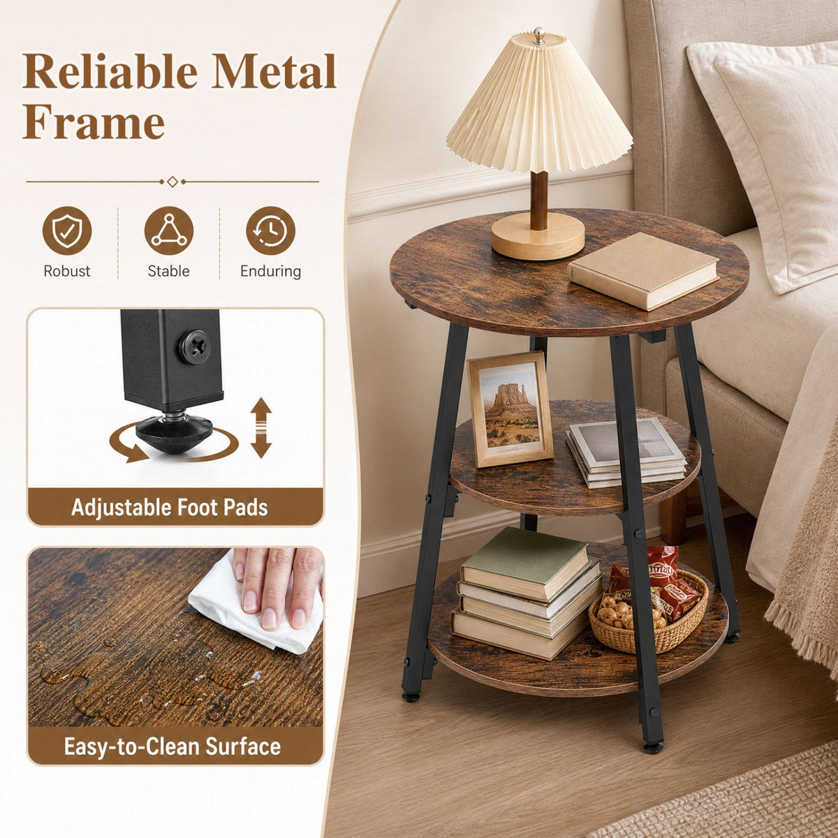 Industrial Side Tables Set of 2, 3-Tier Shelves
